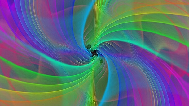 Illustration: Gravitational waves emitted during the fusion of two black holes.